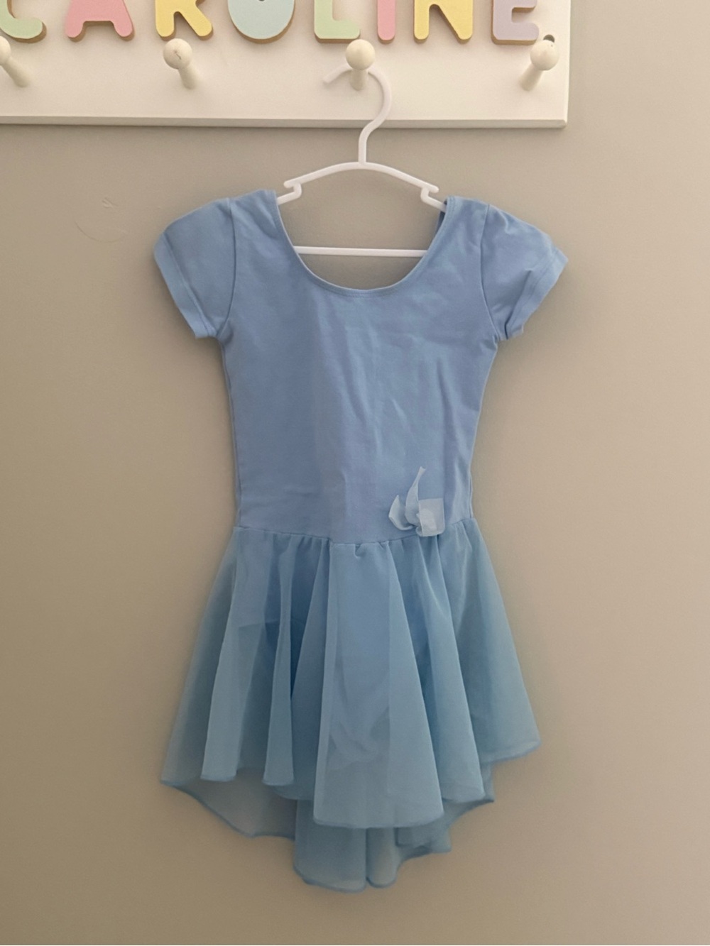 Girls Light Blue Short-Sleeve Dance One-Piece Leotard with Chiffon Skirt